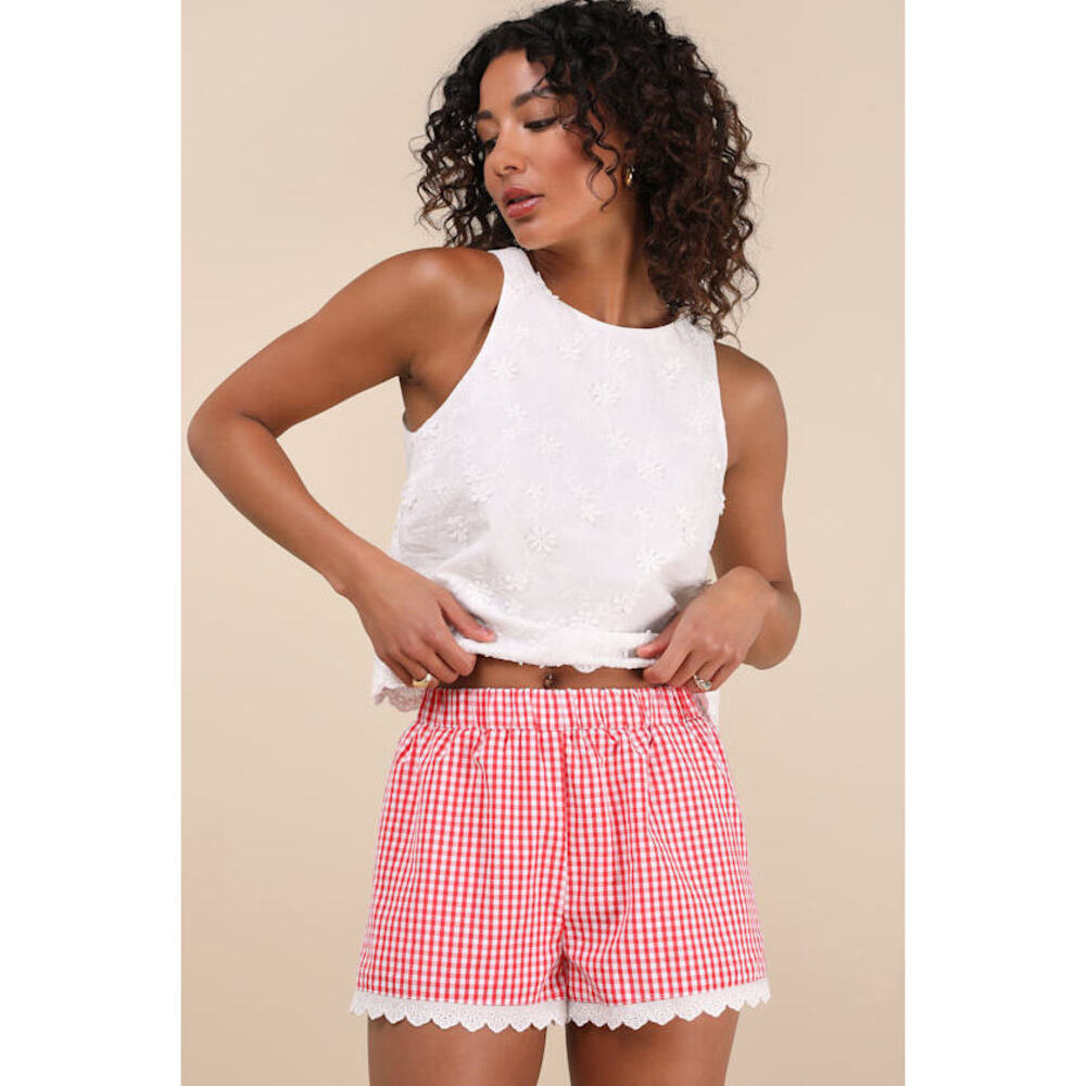 Lulus Marija Red Gingham Scalloped Shorts - Size XL